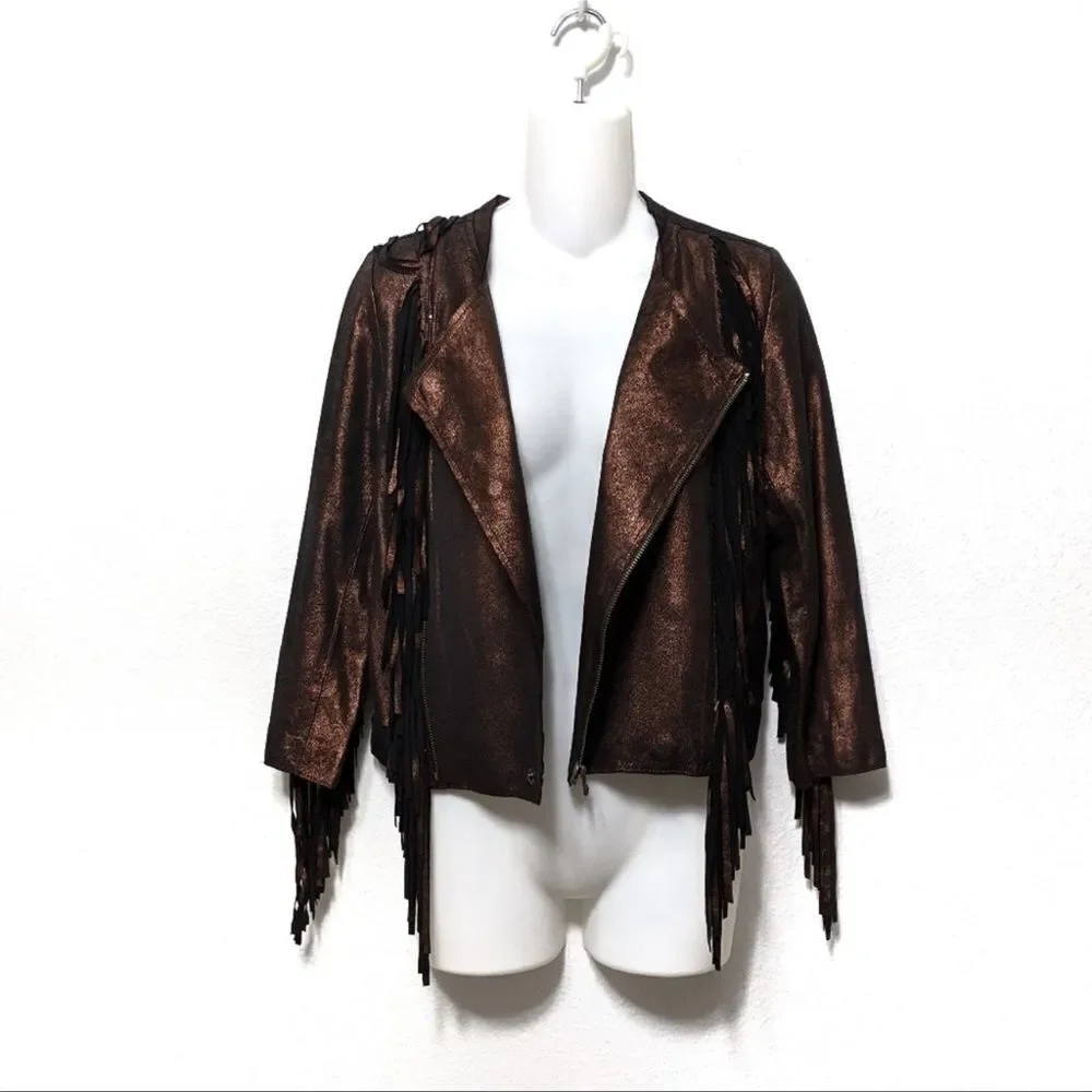 CLEOBELLA Everly Metallic Leather Fringe Jacket S - Picture 2 of 10